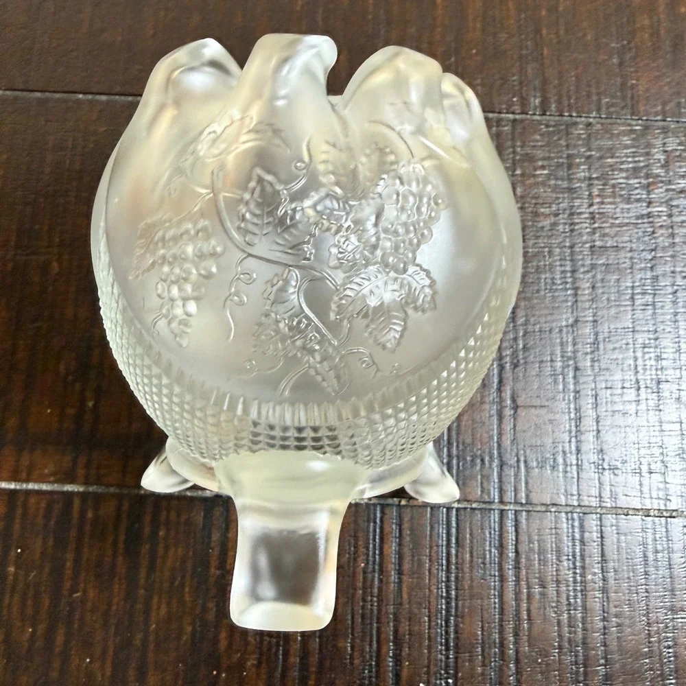 Fenton Glass Rose Bowl Vase Satin Clear Frosted Grape Pattern Footed Decor